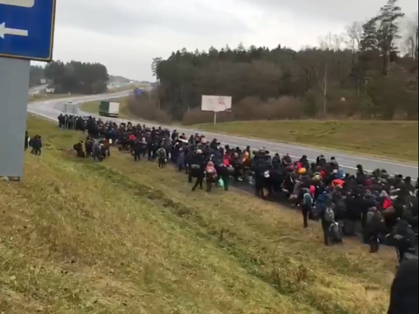 Беженцы объединились в многочисленную группу, чтобы попасть в Польшу